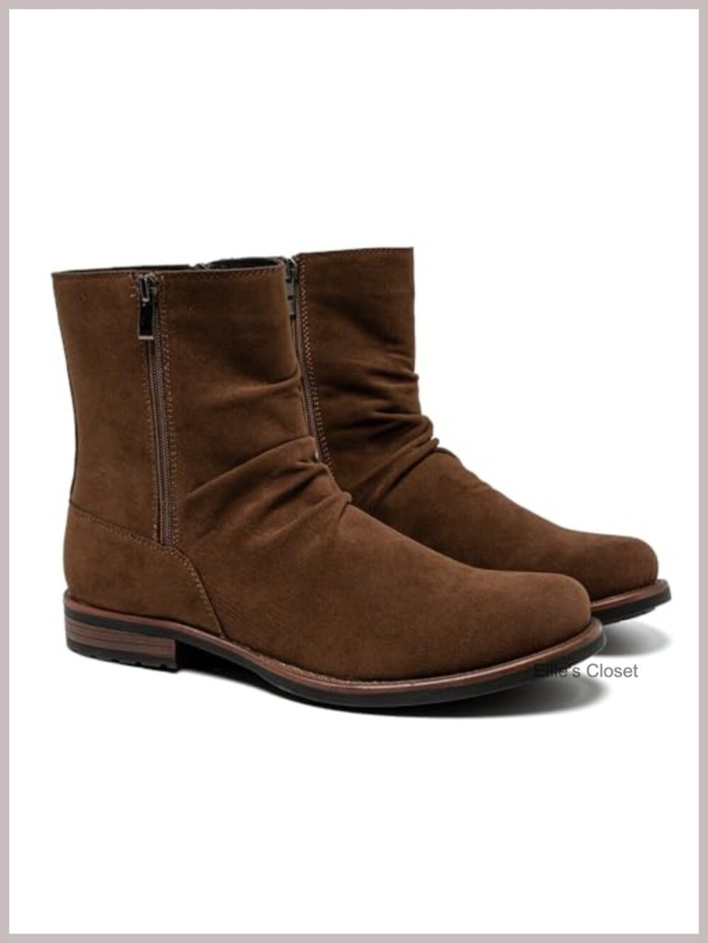 Mens Suede-Look Synthetic Leather Slouch Zip Boot Rounded Toe Low Heel